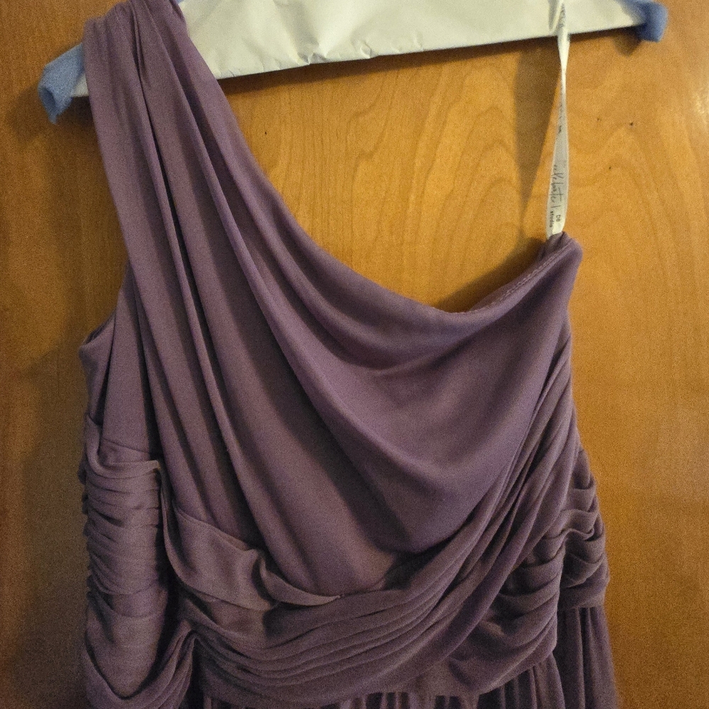 David's  Bridal One-shoulder dress with full skirt wisteria color